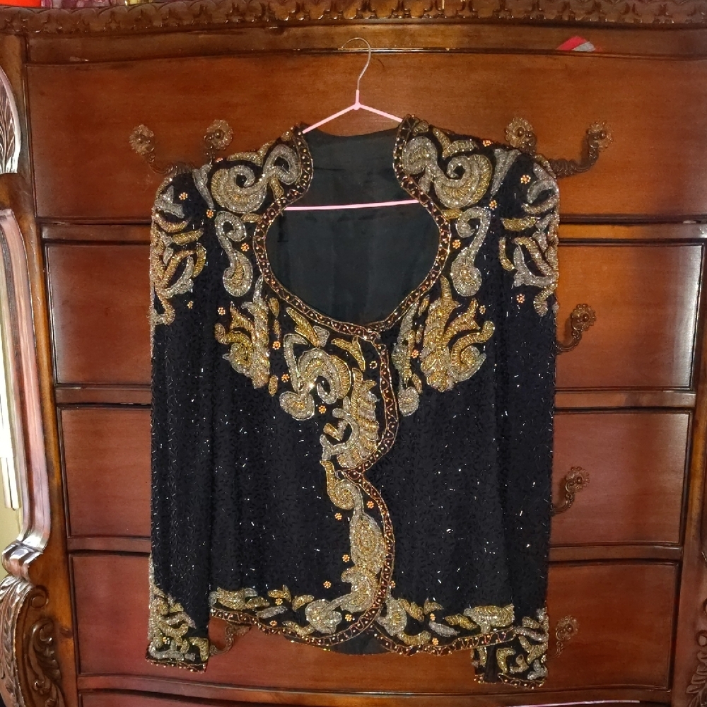 Vtg 80s Sequin & Beaded Baroque Dinner Jacket Sz L/XL